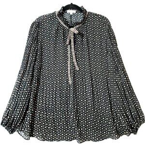 Max Studios Tunic Top Womens Sz 2X Long Puff Sleeves Tie Closure Black Print